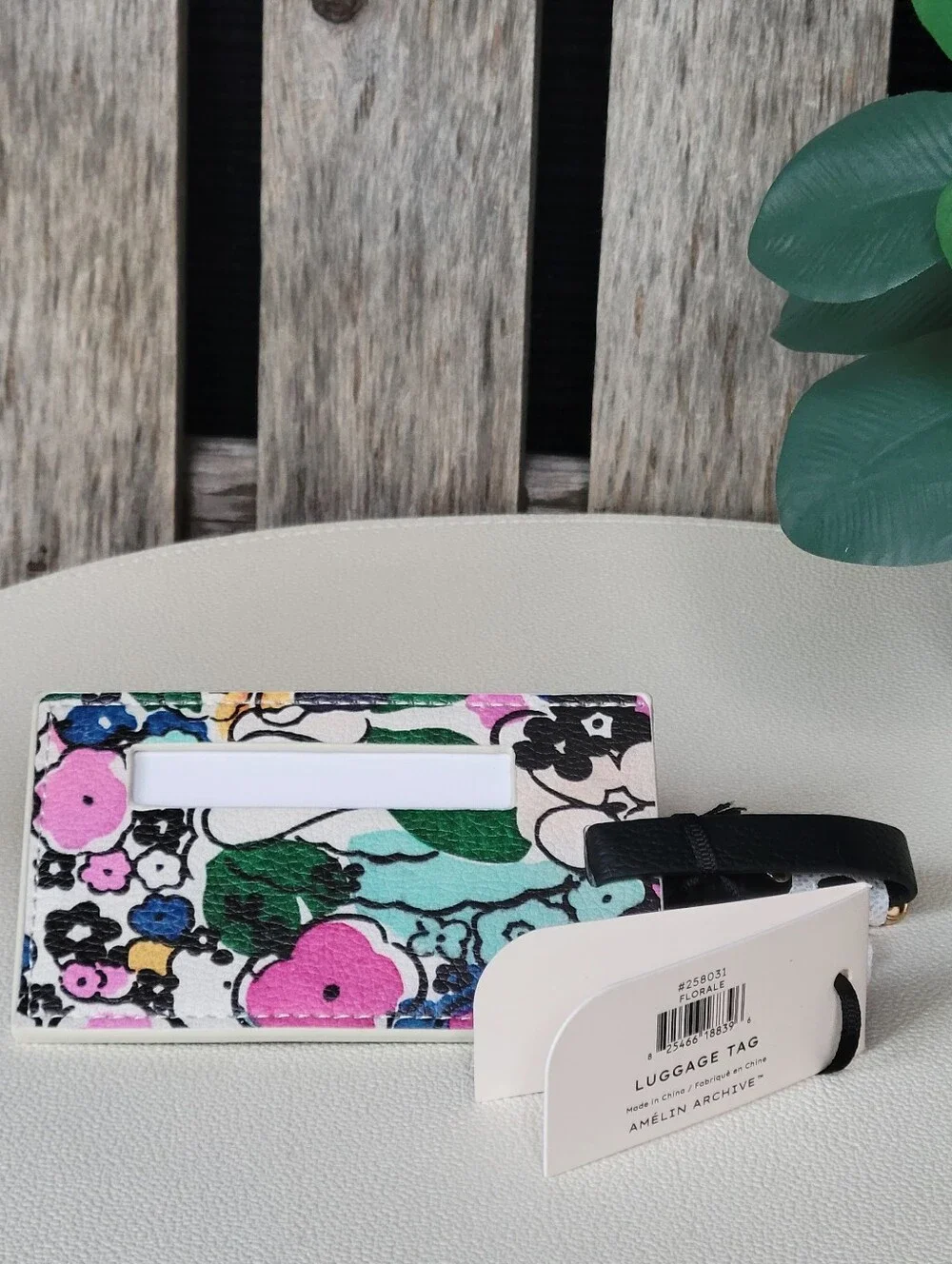 Amelin Archive Floral Printed Leather Luggage Tag with Black Strap- Pink & Green - Picture 4 of 5
